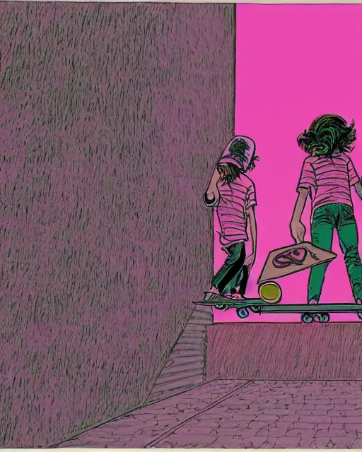 Image similar to wide shot of a young pretty skater skateboard skateboarder 1985 skatergirl style, graphic novel art by Jean Giraud, black and white, pastel color, neon color