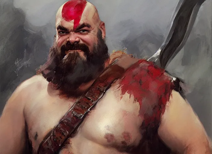 Image similar to a highly detailed beautiful portrait of jack black as kratos, by gregory manchess, james gurney, james jean