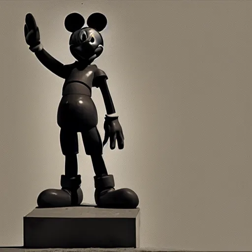 Image similar to Statue of a humanoid Mickey Mouse, photorealistic, film still, desolate