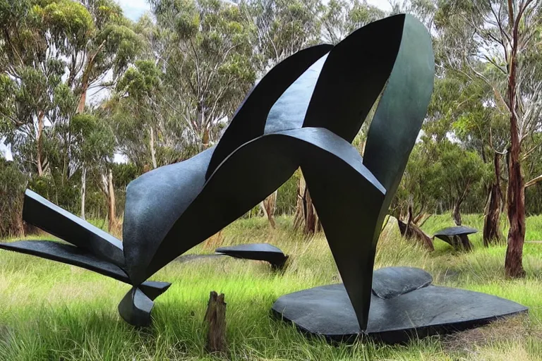 Image similar to “dramatic award-winning sculpture in an Australian wetlands, sculpture garden”