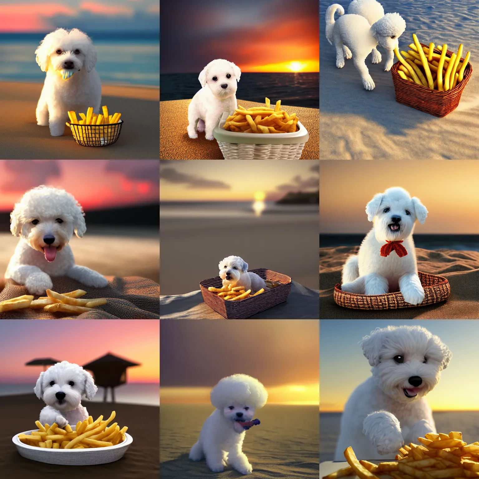 Prompt: a photorealistic photograph of a smiling knitted white bichon puppy eating basket of french fries during sunset at the beach Trending on artstation, featured on Behance, well-rendered, Unreal Engine, 4K HD