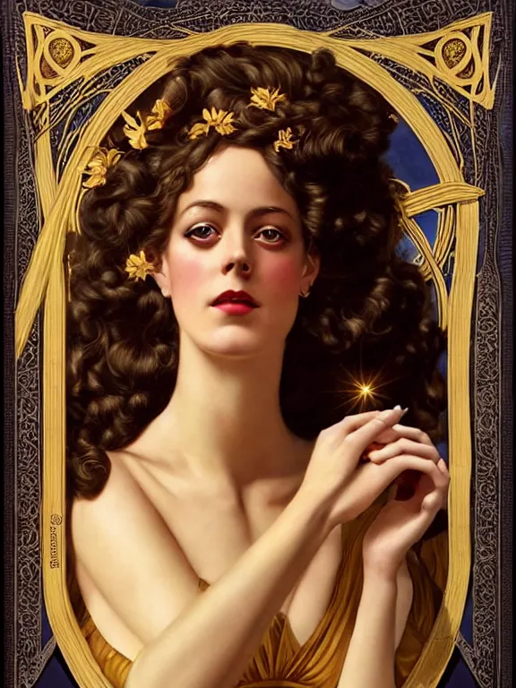 Image similar to kaya scodelario as the magic Greek goddess Circe, a beautiful art nouveau portrait by Gil elvgren, moonlit Mediterranean environment, centered composition, defined features, golden ratio, intricate gold jewlery