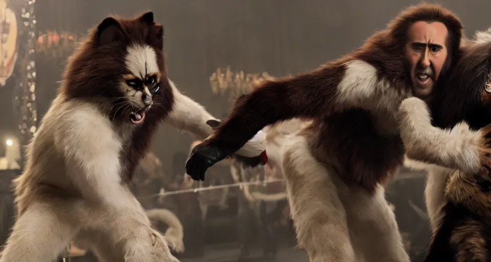 Image similar to still of nicolas cage fighting furry cosplayers, 4 k, amazing details, 3 5 mm, beautiful choreographed fight scene, beautiful composition, shot by director park chan - wook