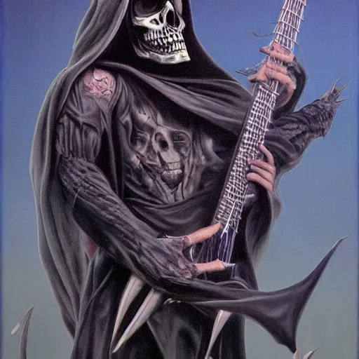 Prompt: the grim reaper playing in a heavy metal band, live on stage, photorealism, by Wayne Barlowe