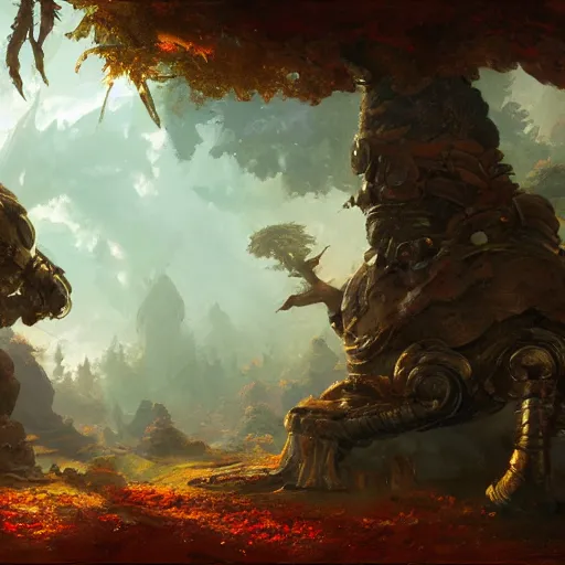 Image similar to autumn forest with a single giant crumbling copper warrior statue, fantasy concept art by tyler edlin, antoine blanchard, thomas cole