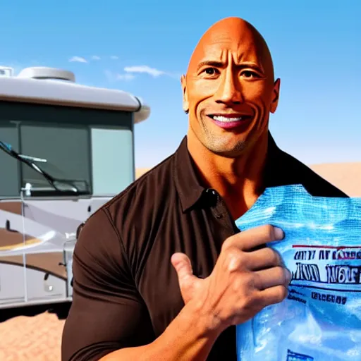 Image similar to dwayne the rock johnson holding a ziplock bag with baby blue meth, desert background, next to an rv, by stephen bliss, gta loading screen