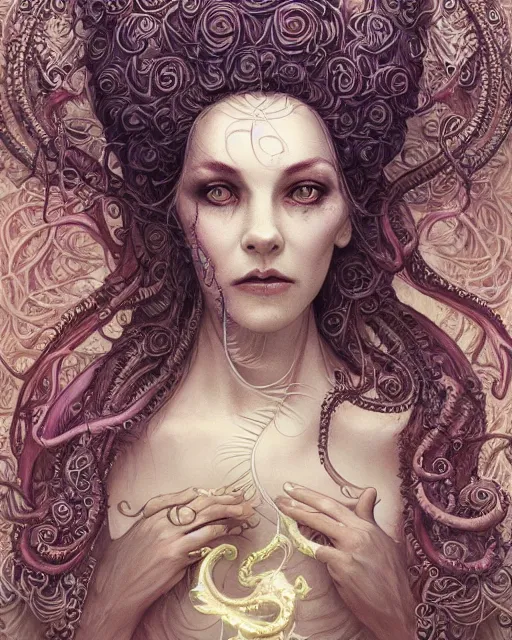 Image similar to centered beautiful detailed front view portrait of a woman with ornate tentacles growing around, ornamentation, flowers, elegant, beautifully soft lit, full frame, by wayne barlowe, peter mohrbacher, kelly mckernan, h r giger