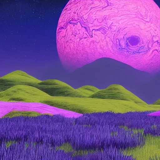 Image similar to a planet with purple rivers and blue trees, there are hills in the background of the image, realistic