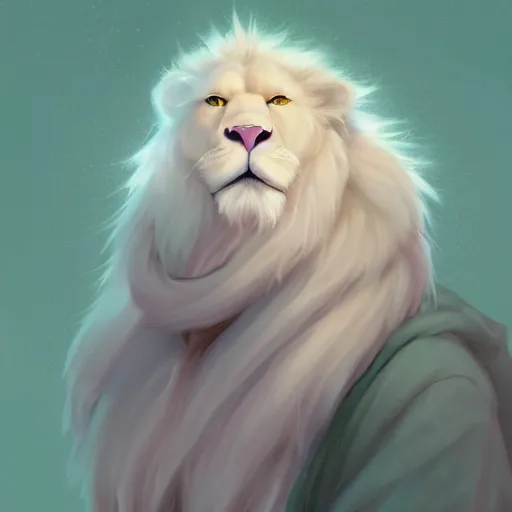 Image similar to aesthetic portrait commission of a albino male furry anthro lion wearing a cute mint colored cozy soft pastel winter outfit, winter atmosphere character design by charlie bowater, ross tran, artgerm, and makoto shinkai