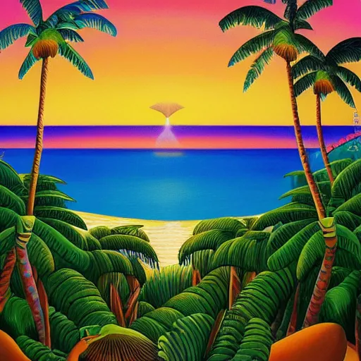 Image similar to a ultradetailed beautiful painting of amazonas beach by tarsila do amaral, major arcana mason sparkles sky, dougherty patrick, trending on artstation, mediterranean, palm trees, light sparkles, major arcana sky, sharp focus, soft light