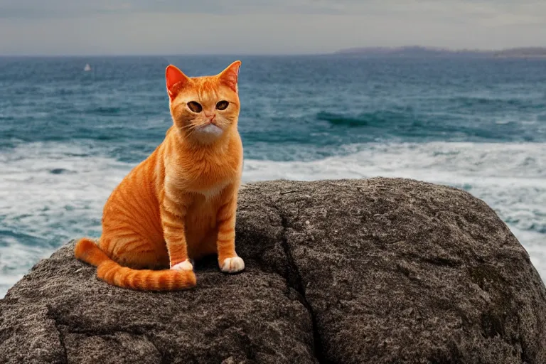 Prompt: orange tabby cat sitting on a rock facing towards ocean, image taken from afar, realistic lighting, highly detailed, rule of thirds, by charles angrand