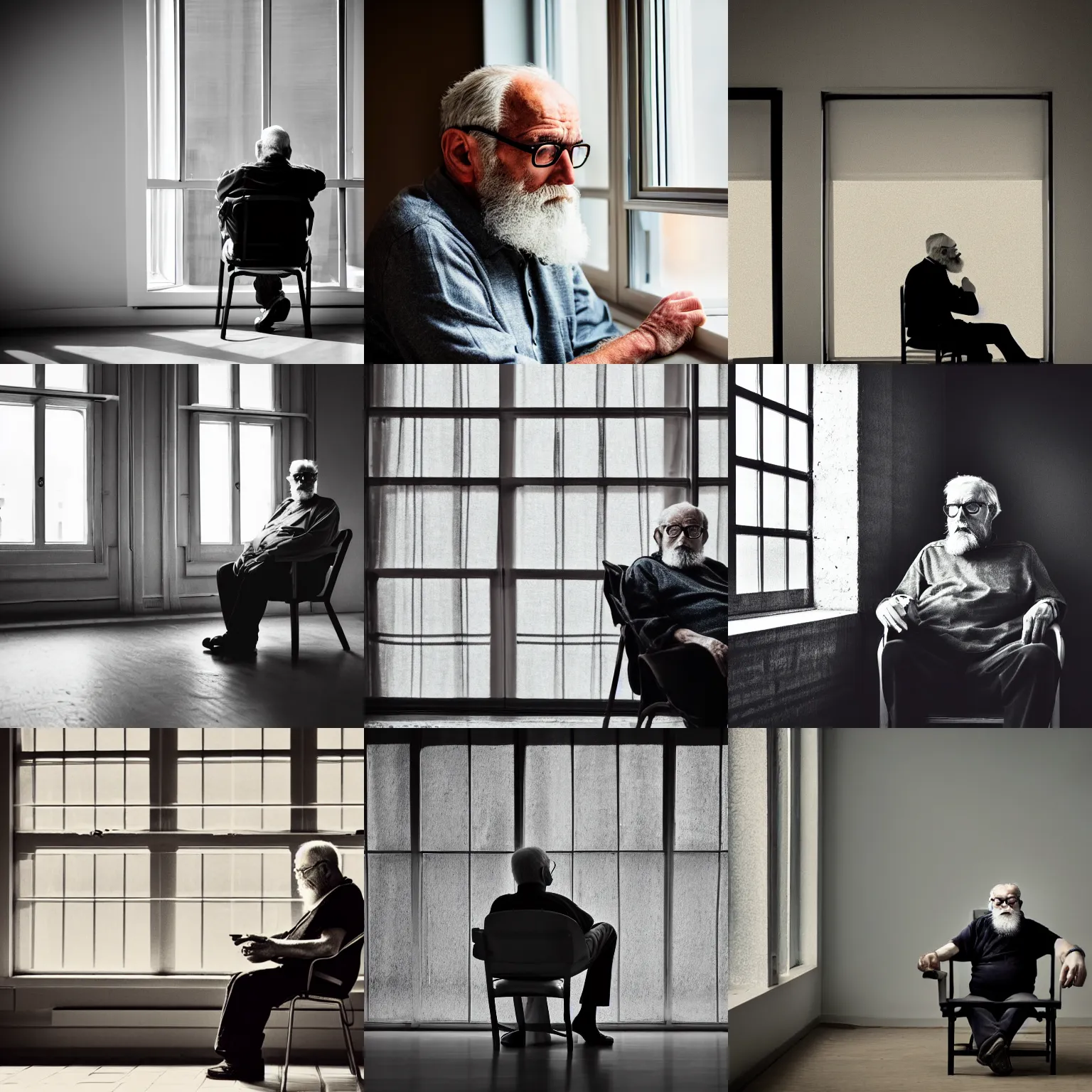 Prompt: Deep psychology, Old Man with Beard, Eye glasses, sitting on a chair, Thinking, by the window, empty room, gray room