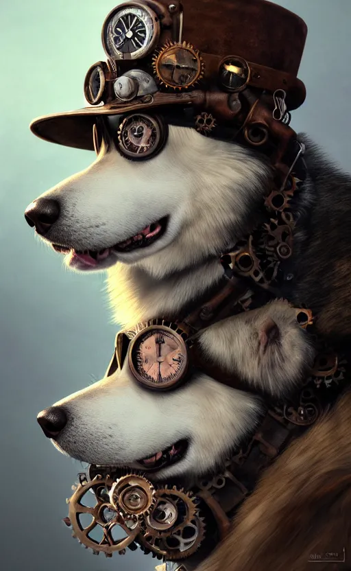 Prompt: hyper realistic ultra - detailed portrait of alaskan malamute face, steampunk hat with goggles and gears, upper body, detective coat, sharp focus, illustration, fantasy style, octane render, volumetric lighting, 8 k high definition, by greg rutkowski, highly detailed, trending on art station