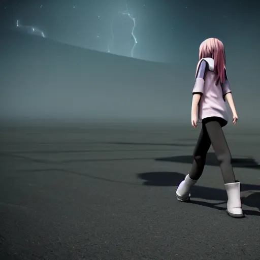 Image similar to 3d hd render of teenager anime girl full body walking backwards octane render post denoised, night sky, volumetric lightning dark grey tint