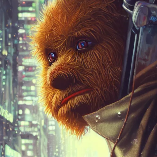 Prompt: highly detailed close up portrait of Fozzie Bear ((Fozzie Bear)) in the rainy streets of a cyberpunk dystopia, by Artgerm,Greg Rutkowski,Alphonse Mucha, 4k resolution, nier:automata inspired, bravely default inspired ((dystopian cyberpunk background))