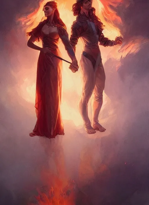 Image similar to a couple made of fire and smoke, full body view, beautiful high quality realistic fantasy art, trending on artstation by artgerm and greg rutkowski and alphonse mucha