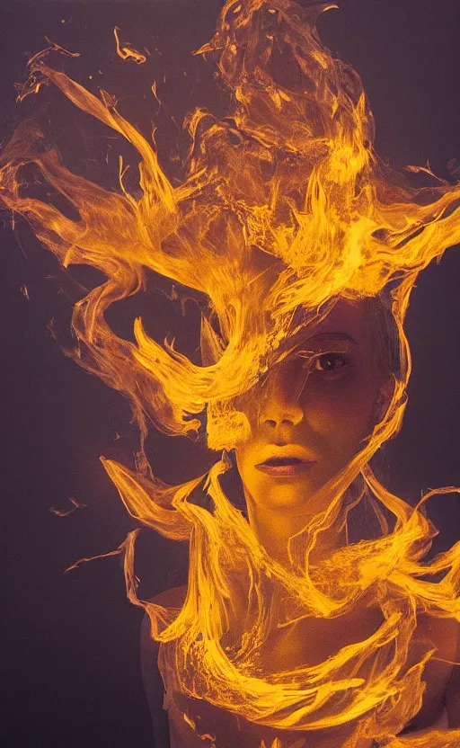 Image similar to a surreal painting of a woman made of golden fire, volumetric lighting