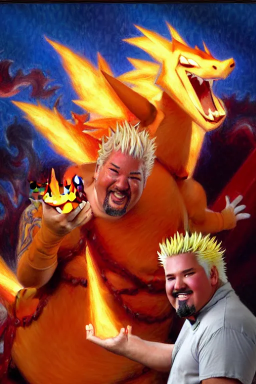 Image similar to guy fieri with a charizard painting by gaston bussiere, craig mullins