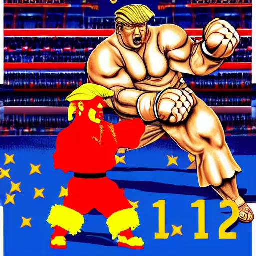 Image similar to xi jinping vs donald trump, street fighter, fight, fistfight, digital art