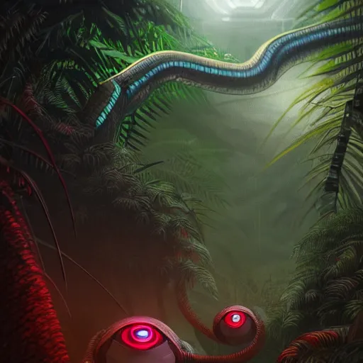 Image similar to robot snake in the middle of the jungle spying enemy country, red glowing eyes, dense jungle, middle of night, hd, uhd, 8 k, noise, illustration, sharp focus, detailed, sharpen, artstation, elegant, highly detailed, fantasy, futuristic