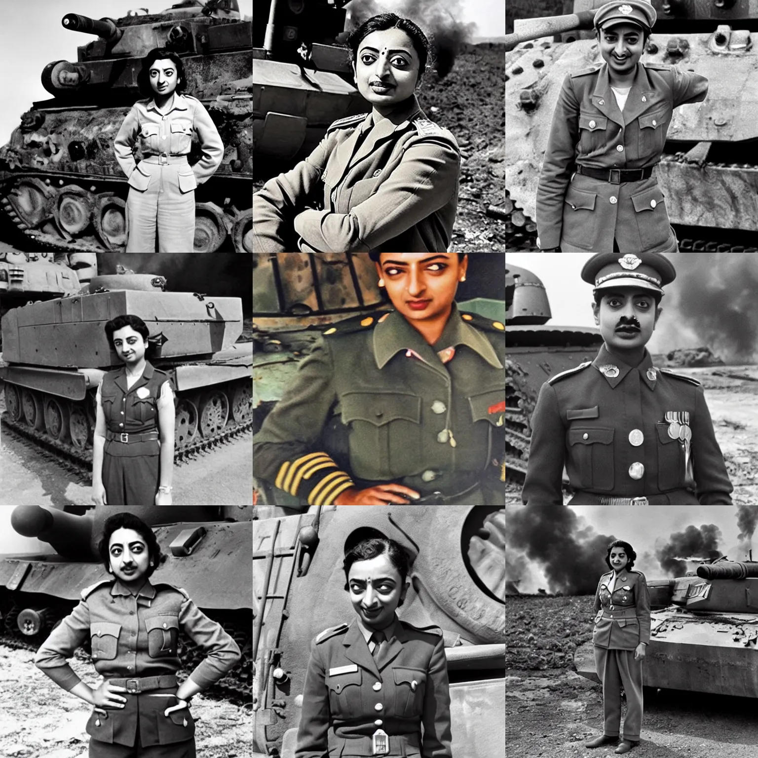 Prompt: Radhika Apte as Field Marshal Montgomery, posing in front of a burning tank, 1945, colourized, photo portrait