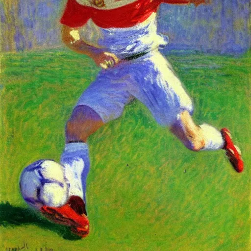 Prompt: monet painting of a skinny blonde man tripping over a soccer ball, highly detailed, realistic,