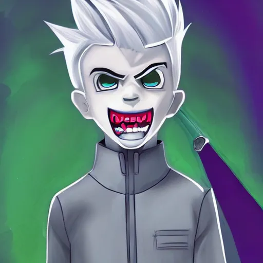 Prompt: cartoon danny phantom white hair cute detailed photorealistic fanart trending on tumblr green blood sharp teeth, Ross Tran, Noelle Stevenson,