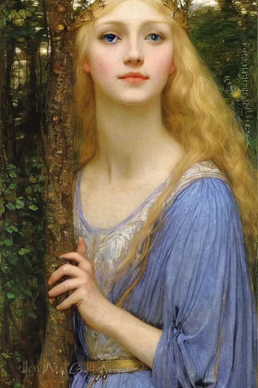 Image similar to portrait of a blue eyed, blonde haired crowned queen of summer with light elvish overtones and a forest background by John WIlliam Waterhouse