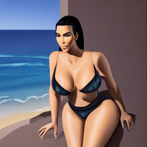 Image similar to kim kardashian in linguire next to the beach, looking at camera while posing, wet clothes, realistic shading, fine details, realistic shaded lighting poster, g cup size, dslr