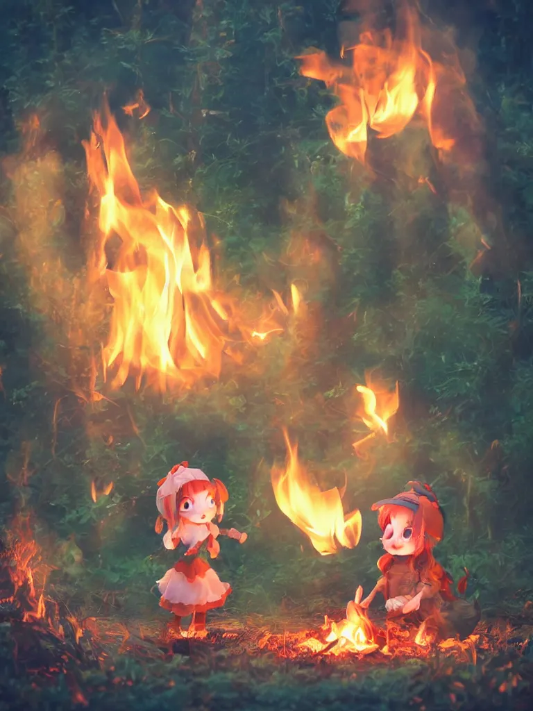 Image similar to cute fumo plush pyromaniac girl giddily starting a fire in the forest, campfire, flames, warm glow and volumetric smoke vortices, composition, vignette, vray