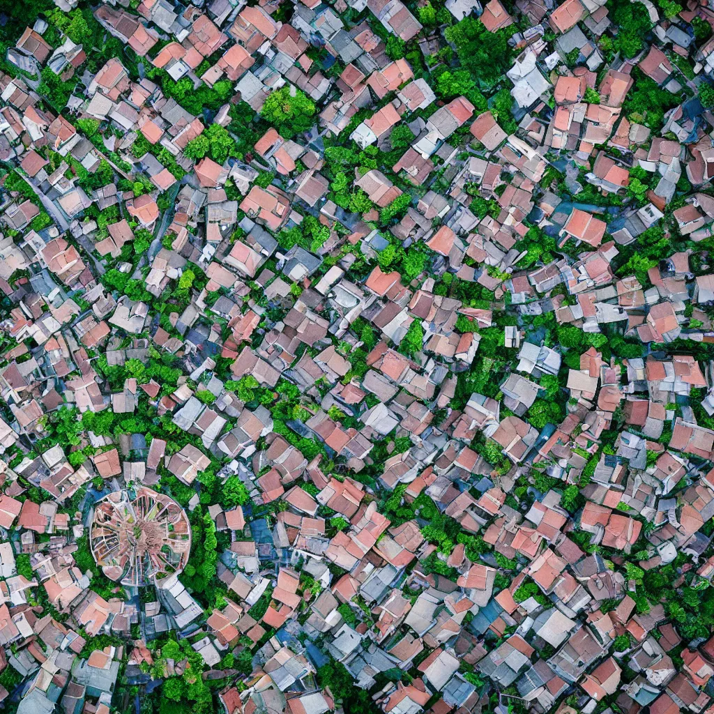 Prompt: pov of a man standing on a flying castle looking down at village in the ground in the style of spirited away