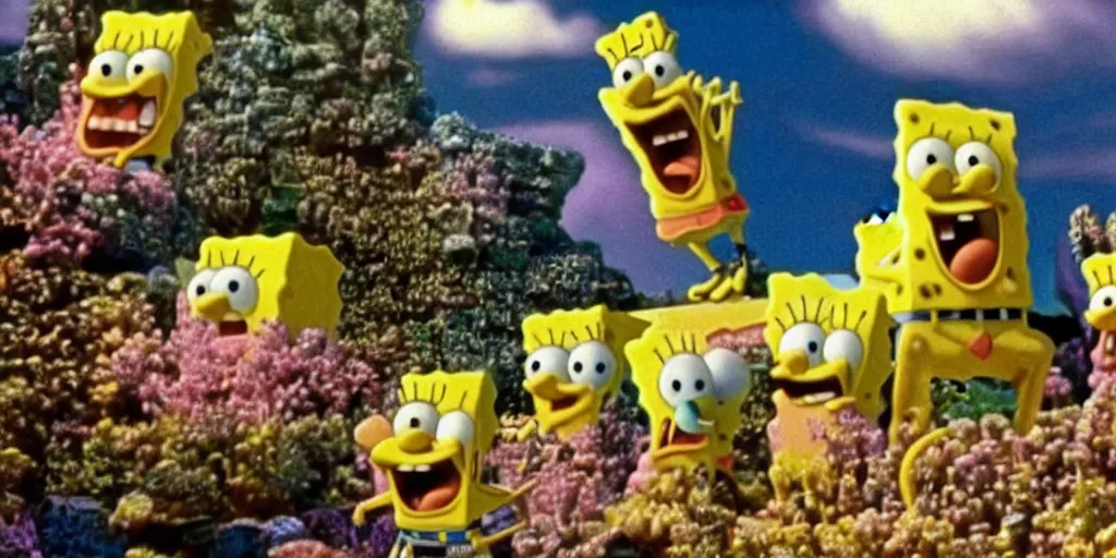 Prompt: spongebob in'the holy mountain'( 1 9 7 3 ), movie still frame