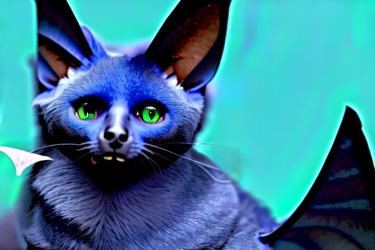 Prompt: a blue - and - black male catbat fursona with blue / green heterochromatic eyes and huge bat ears, photo of the catbat streaming on his computer