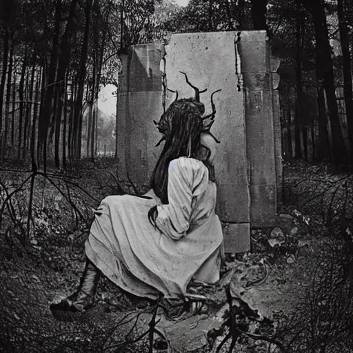 Prompt: 1860 photo of an ancient fractal demon-girl devouring his own soul on an abandoned hospital on the middle of a forest, spooky