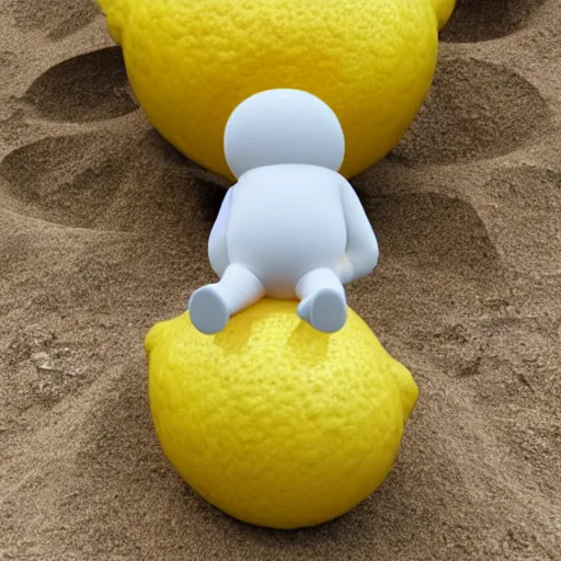 Image similar to a lemon in shape of a human with legs of lemons and round body, arms of lemons, it's relaxing on a beach, volumetric light