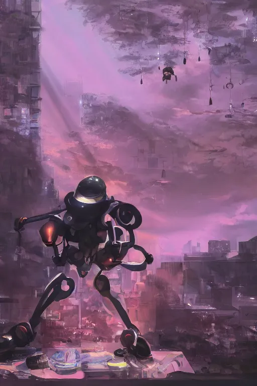 Image similar to a black kid playing with a futuristic robot in the nature, mixing solarpunk, afropunk, cyberpunk, ( ( ( ( volumetric light ) ) ) ), high angle, part by pearl fryar, part by prince damah, sunny day, trending on artstation, cinematic view, illustration, painting.