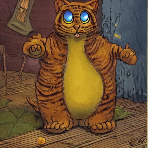 Image similar to surreal book illustration of Garfield the cat as monster, highly detailed