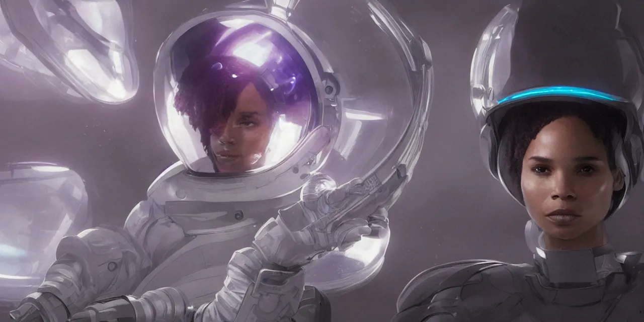 Image similar to Zoe Kravitz with short hair as a futuristic astronaut, helmet with led lights, underwater in the ocean at night, dark water, volumetric lighting, glowing lights, 4k, octane, digital painting, artstation, concept art, sharp focus, illustration, cinematic film still, art by artgerm and greg rutkowski and alphonse mucha , wide angle view,