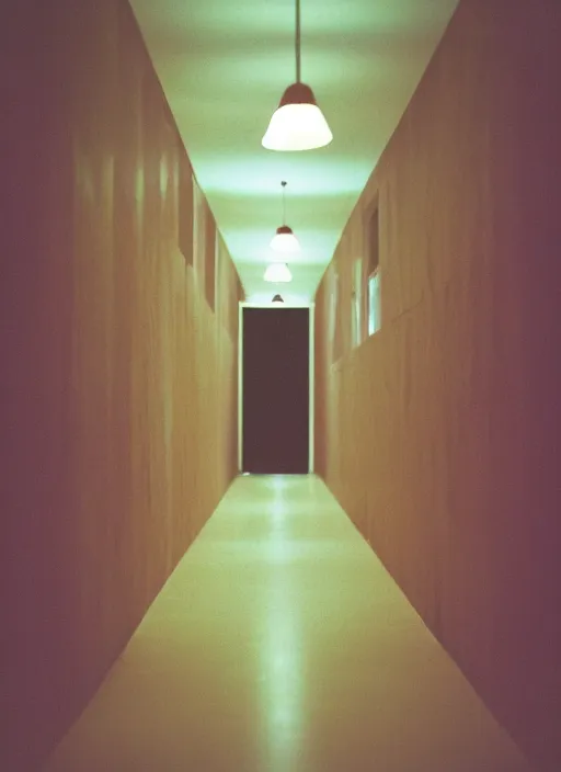 Image similar to a photograph of a minimal hallway with rounded arches lit with soft colorful lighting, 3 5 mm, color film camera, pentax