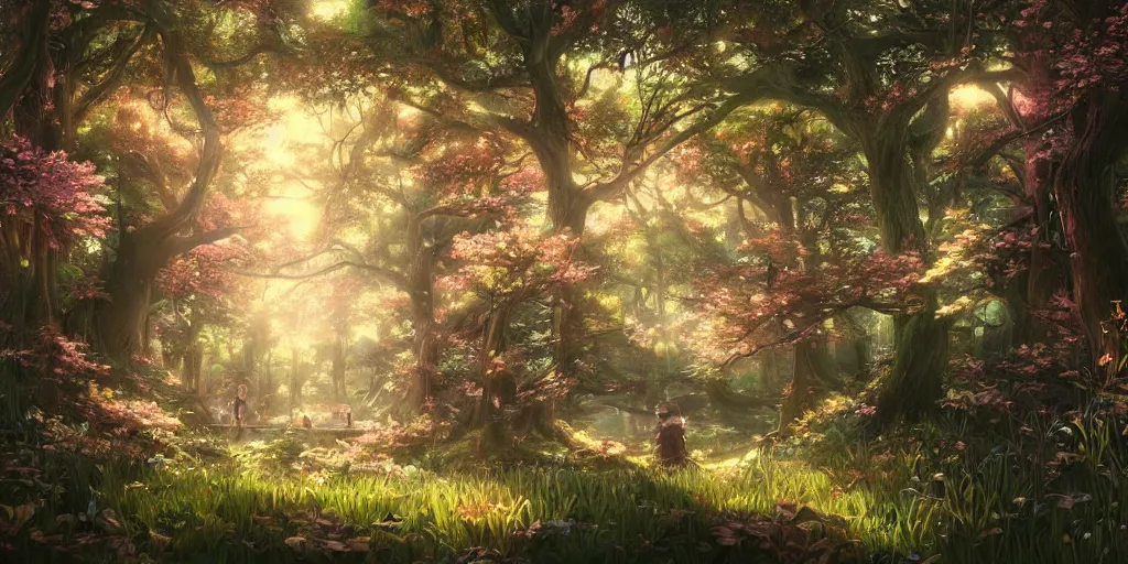 Image similar to the aesthetic view of the beautiful, grand, wistful, dreamy hidden forest at dusk, hyperrealistic anime illustration by iralki nadar, colorful, extremely detailed, intricate linework, super sharp focus, bright colors, octopath traveler, studio ghibli, unreal engine 5 highly rendered, global illumination, radiant light, detailed and intricate environment