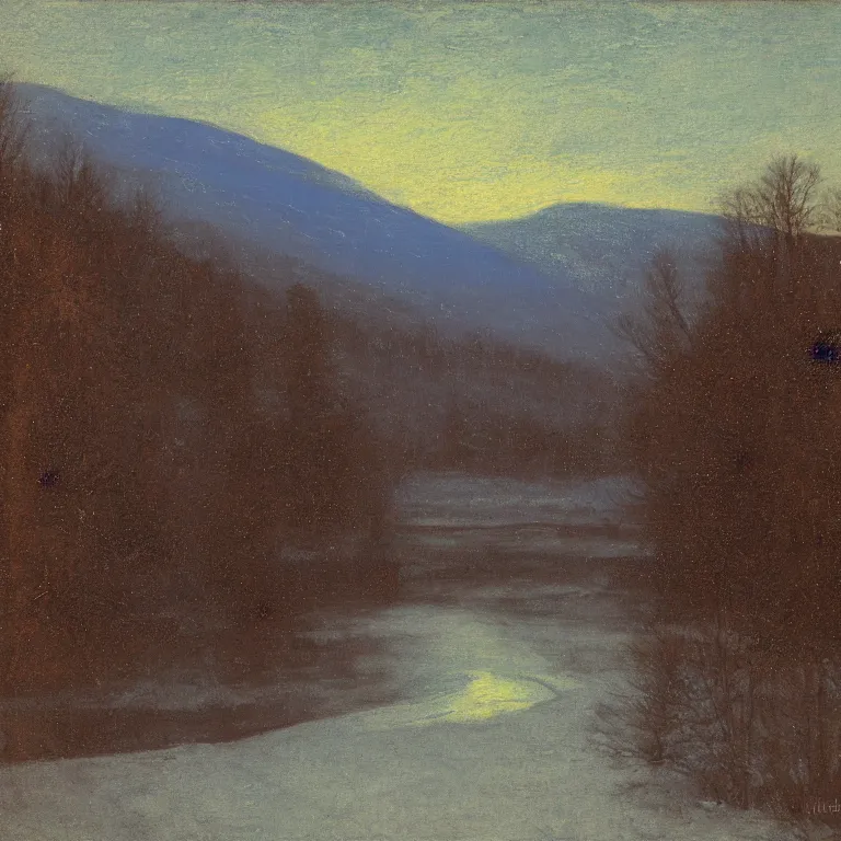 Image similar to new hampshire, mountains, winter, night, luminous, admiral blue palette, abbott handerson thayer, glaze oil painting