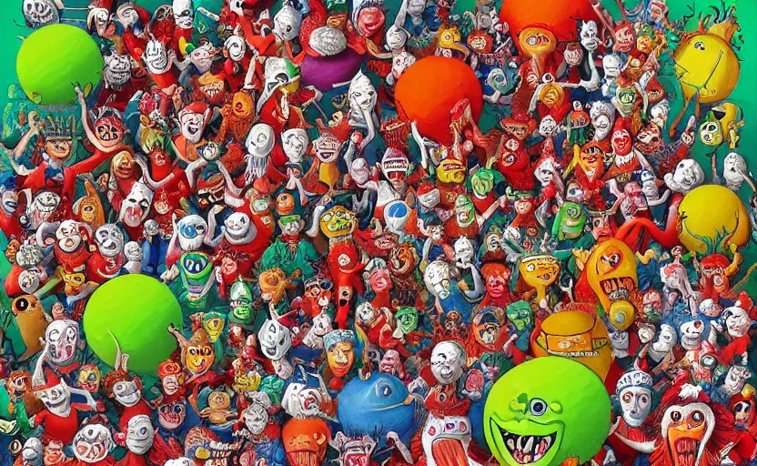 Image similar to a where waldo tennis ball monsters, colorful, digital art, fantasy, magic, chalk, trending on artstation, ultra detailed, professional illustration by basil gogos