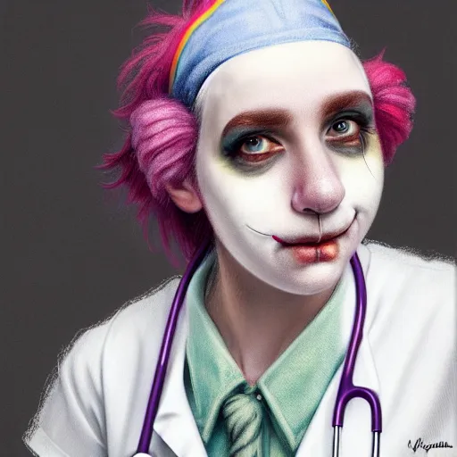 Image similar to clowncore pastel punk young hospital nurse wearing stylish uniform. detailed, portrait, 8 k, artwork by jean - baptiste monge