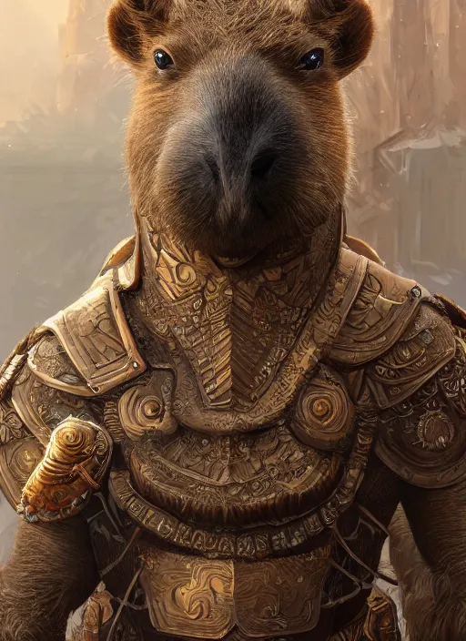 Image similar to detailed concept art illustration painting of an anthropomorphic capybara warrior in full intricate armor, ultra detailed, digital art, octane render, 4K