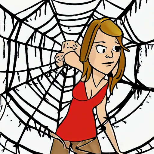 Prompt: emma watson hanging from and trapped in a giant spider web, cartoon