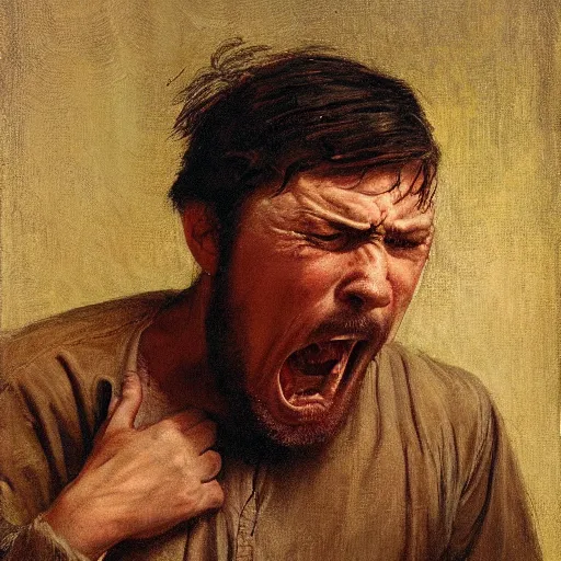 Image similar to an angry man yells at his computer monitor, oil on canvas, 1 8 8 3, highly detailed