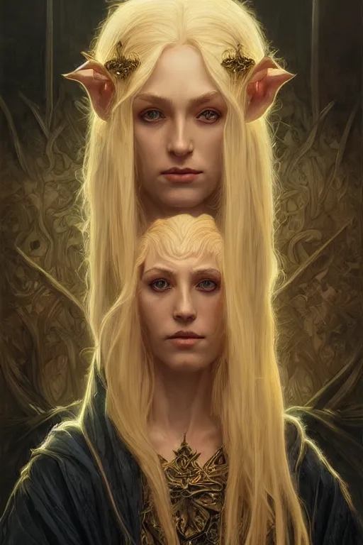 Image similar to portrait of a wise blonde elven mage, dark, piercing eyes, gentle expression, elegant clothing, photorealistic, highly detailed, artstation, smooth, sharp focus, art by michael whelan, artgerm, greg rutkowski and alphonse mucha