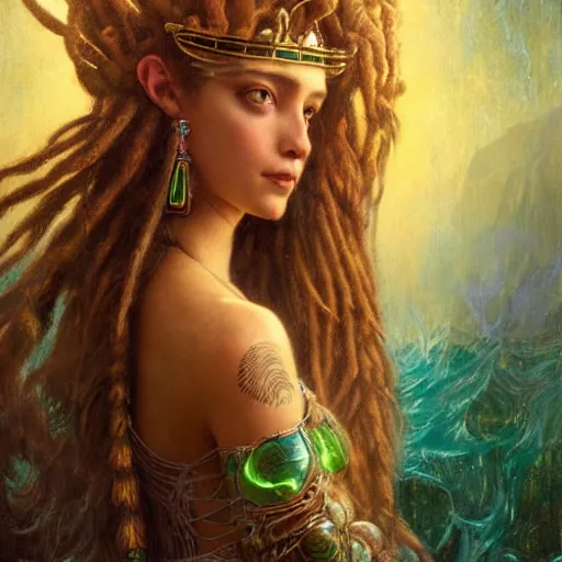 Image similar to octane render, artstation, 8 k, intricate detail, hyper detail, portrait by gaston bussiere, greg rutkowski, sandro botticelli, tan lady of elche egyptian sumerian techno mystic goddess princess intergalactica inanna with aqua neon rapunzel dreadlocks,