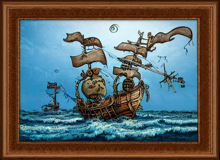 Image similar to pirate ship at sea, amazing background, lowbrow, 3 - d, highly detailed, in the style of alexander jansson,