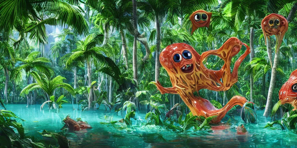 Image similar to of a tropical rainforest lake with strange cute friendly happy creatures with huge eyes, mouth, long tongue, round teeth and goofy face, appearing from the trees, in the style of gehry and gaudi, macro lens, shallow depth of field, ultra detailed, digital painting, trending artstation, concept art, illustration, cinematic lighting, photorealism, epic, octane render